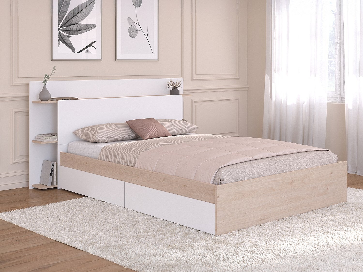 Łóżko 140 x 190/200 cm z 4 szufladami - Naturalny i biały - TILONIDE