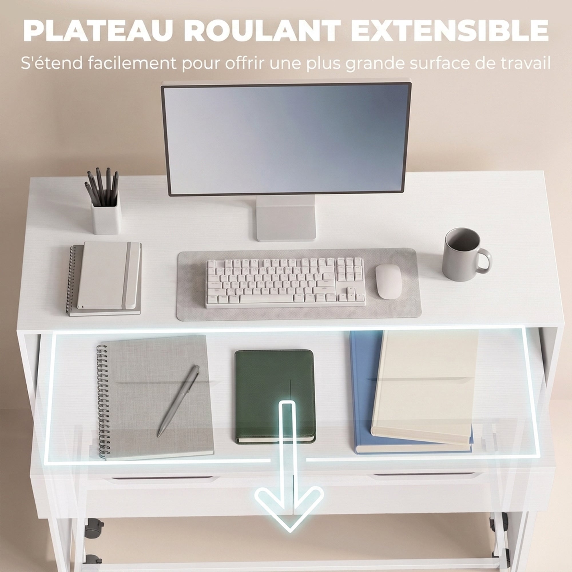Bureau d'Ordinateur Extensible 100 cm avec 2 Tiroirs, Bureau avec ...