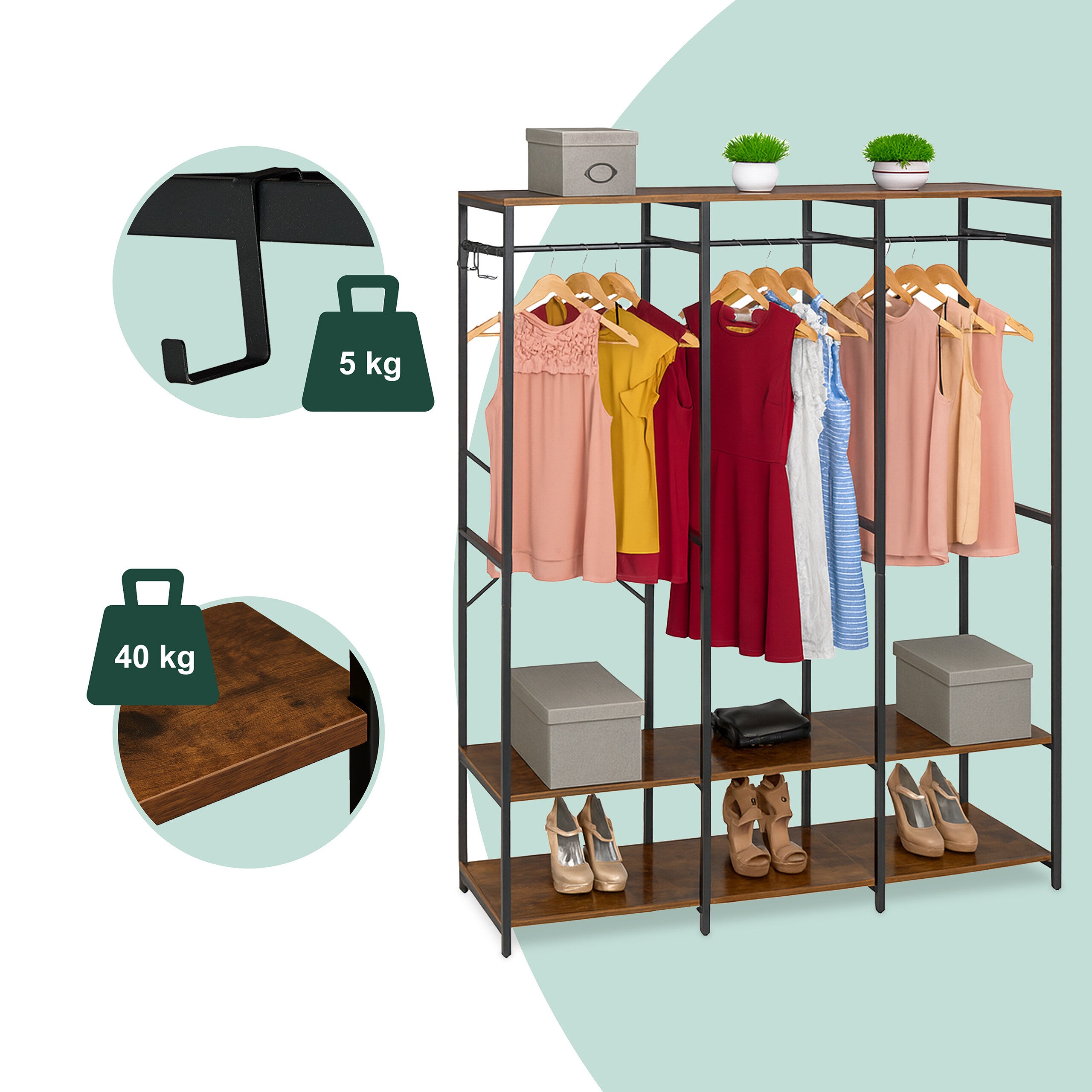 Cabideiro, aberto, armário, prateleiras e barra, 180 x 141 x 40 cm, cabideiro, metal, preto/castanho, Relaxdays - 7