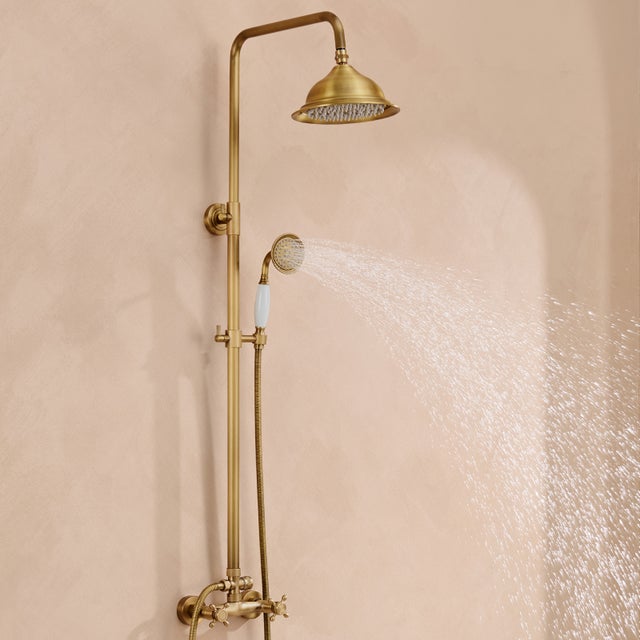 AuralumMax Colonne Douche Rétro Laiton Antique avec Mélangeur 2 Poignées,2 Sorties d'Eau,Tête Douche,Douchette Main,Hauteur Réglable 87,5-126,4 cm