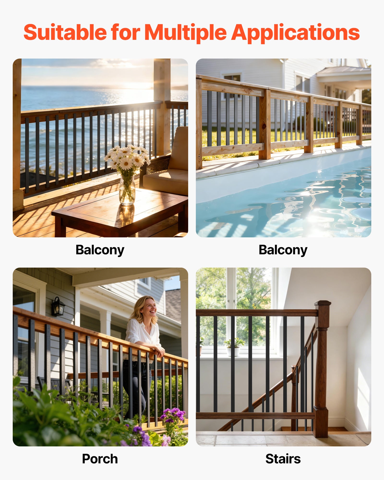 Balaústres de terraço VEVOR 82 cm lote 61, grades em aço galvanizado para deck, varanda e escadas, com furos pré-perfurados, parafusos, pretos - 6