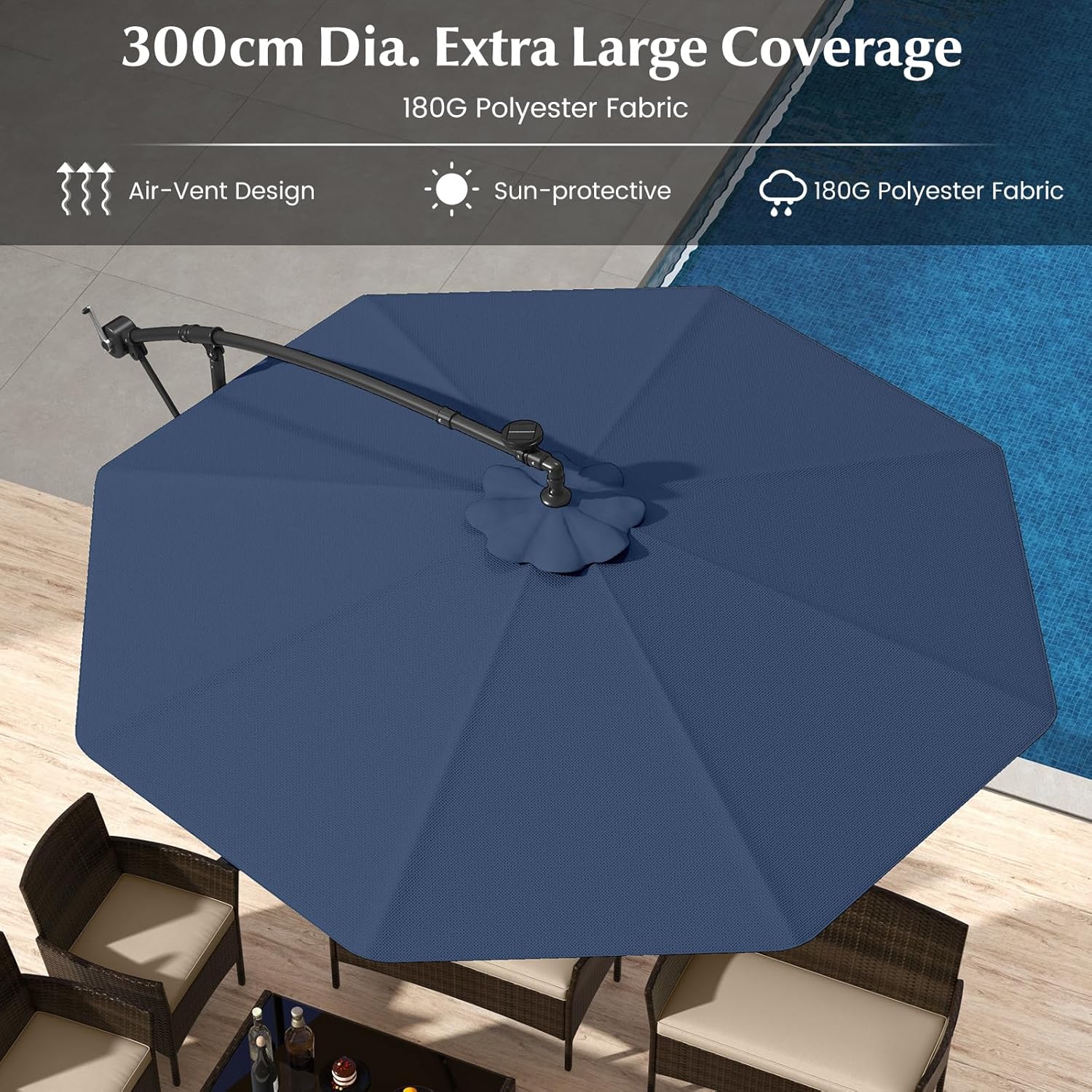 Parasol Déporté Ø300CM Parasol de Jardin Extérieur Inclinable 40 LED Solaires 8 Baleines, Grand Parasol avec Pied pour Terrasse Plage Cour (Bleu) - 3