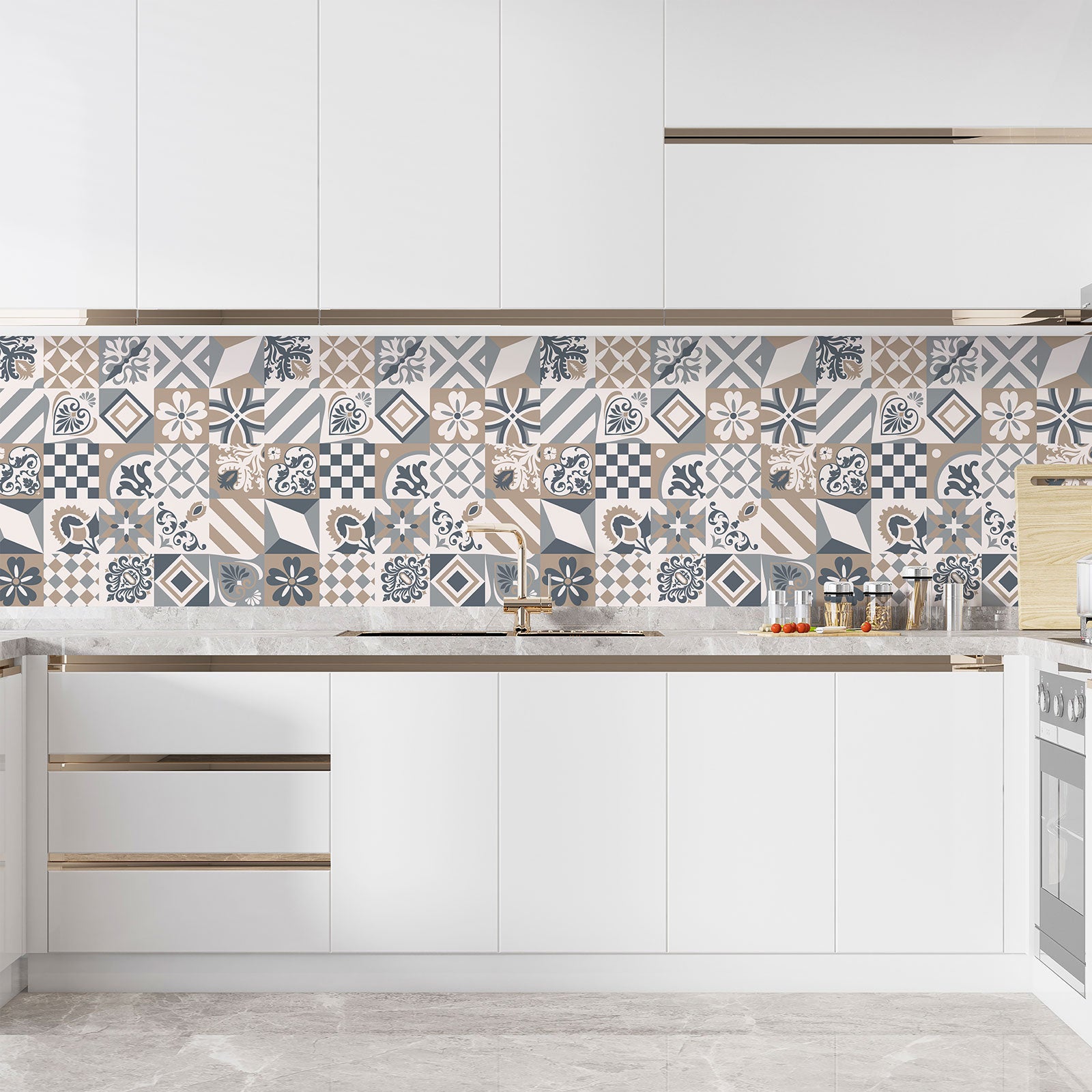 Crédence adhésive sticker décoratif pour cuisine - Effet carreaux de ciment - Adhésif BRILLANT - 60x60 cm - 3