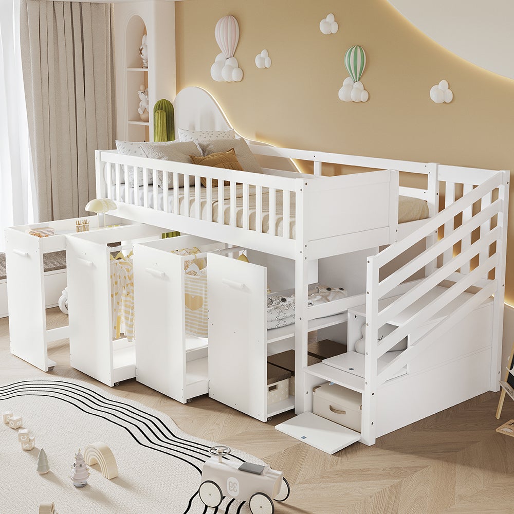 Lit superposé pour enfants 90x200 cm , lit multifonctionnel avec garde-corps, bureau/penderie/armoire avec 2 armoires de rangement, pin + MDF, blanc - 2
