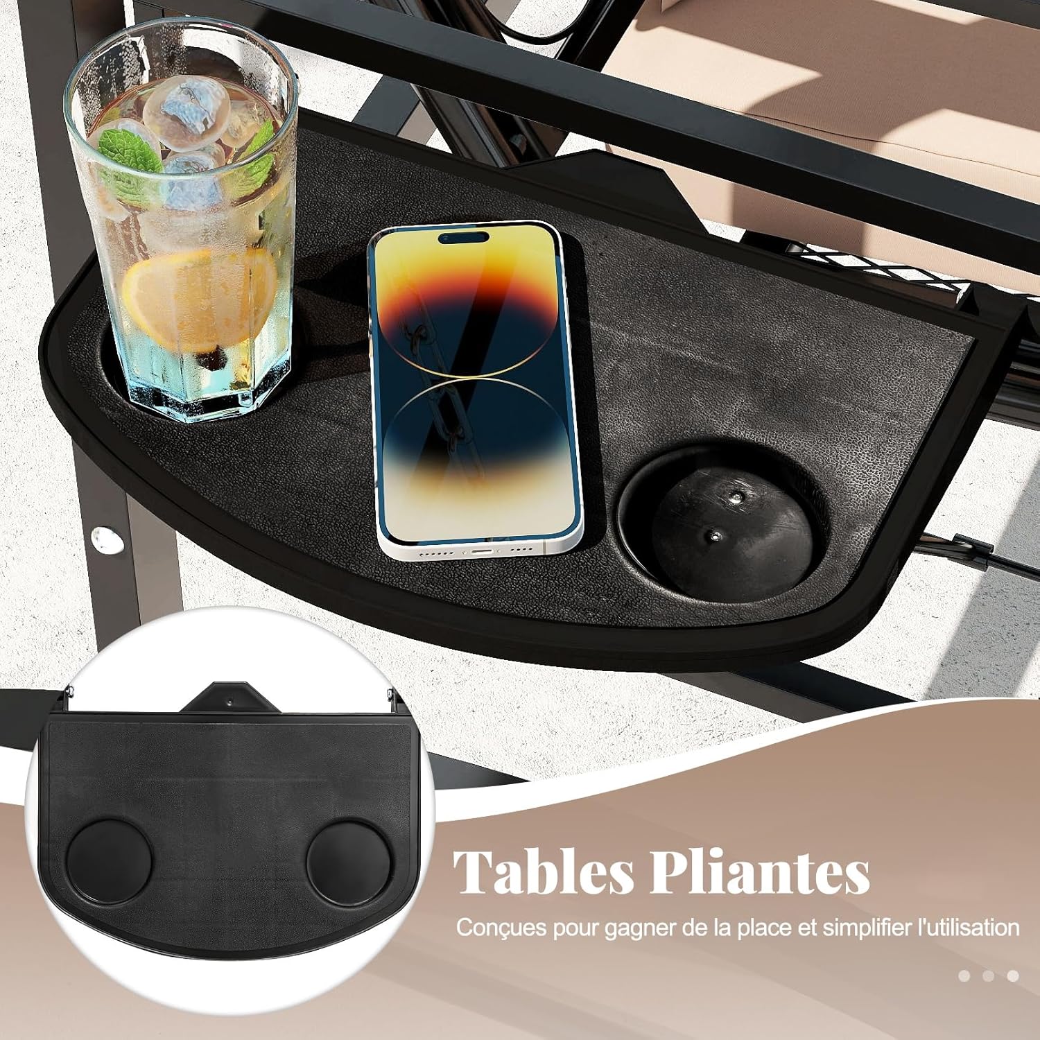 Balancelle d’Extérieur avec Support et 2 Treillis pour Adultes, Chaise de Balcon avec Coussins Amovibles et Tables Latérales pour Jardin, Balcon - 2