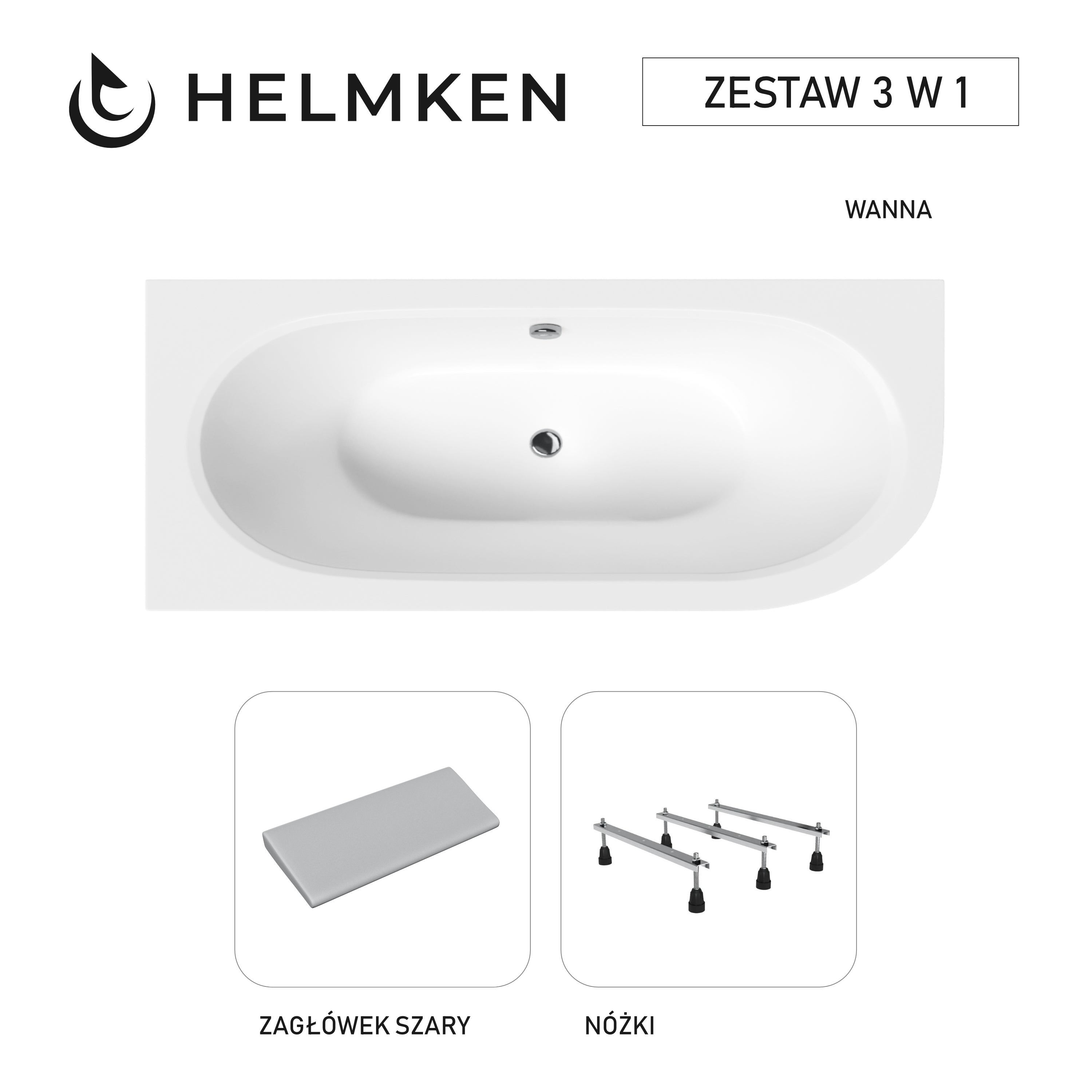 Wanna akrylowa Helmken Marbella Lux 160 x 75 Lewa + Zagłówek szary + Nóżki / 23092004ZN