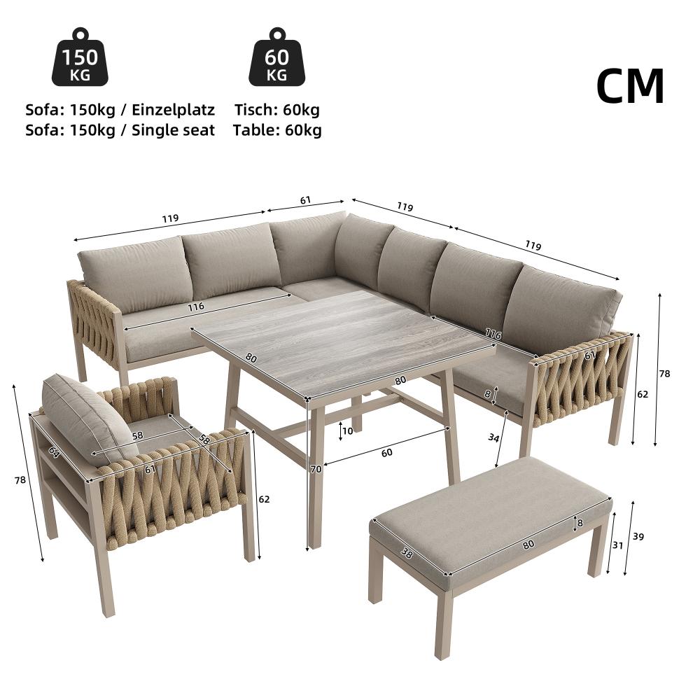 Ensemble de meubles de jardin modulable avec canapé d'angle, fauteuils, table en verre trempé et coussins inclus pour extérieur - 3