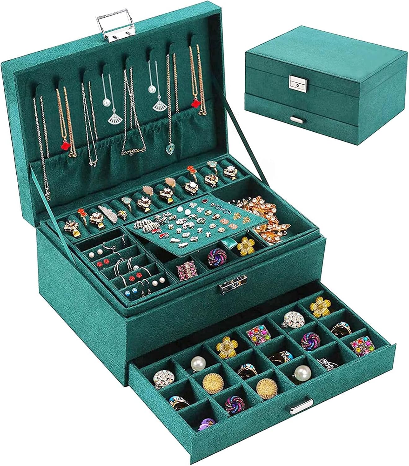 TOSUTO Scatola Portagioie,Porta Gioielli con 2 cassetti e 3 livelli,per gioielli come collane,orecchini,bracciali e anelli.Include 3 panni in argento,1 nappe e 15 sacchetti per gioielli