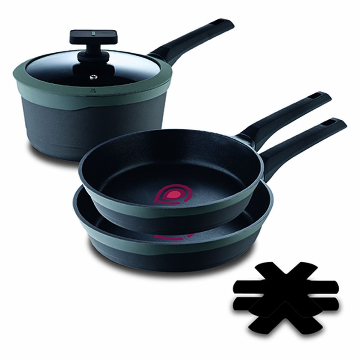 MasterPRO Gastro Reeco | Set di 5 padelle antiaderenti | 3 x 20, 24 e 28 cm e pentole da 16 cm con coperchio | Heatdot | Alluminio pressofuso riciclat