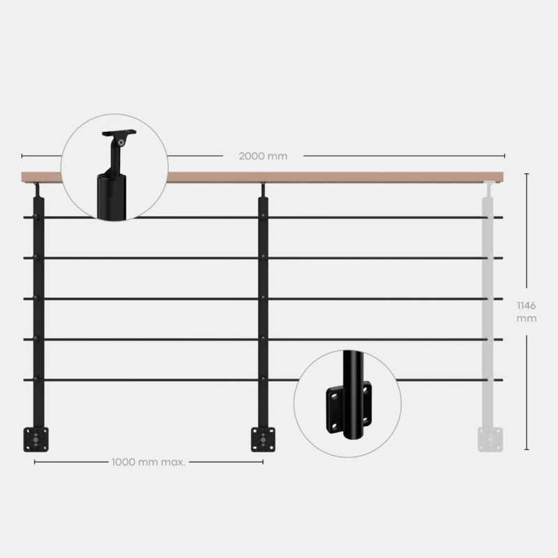 Kit garde-corps noir avec main courante hêtre 2m pose en applique, Opalu KORDO - 4