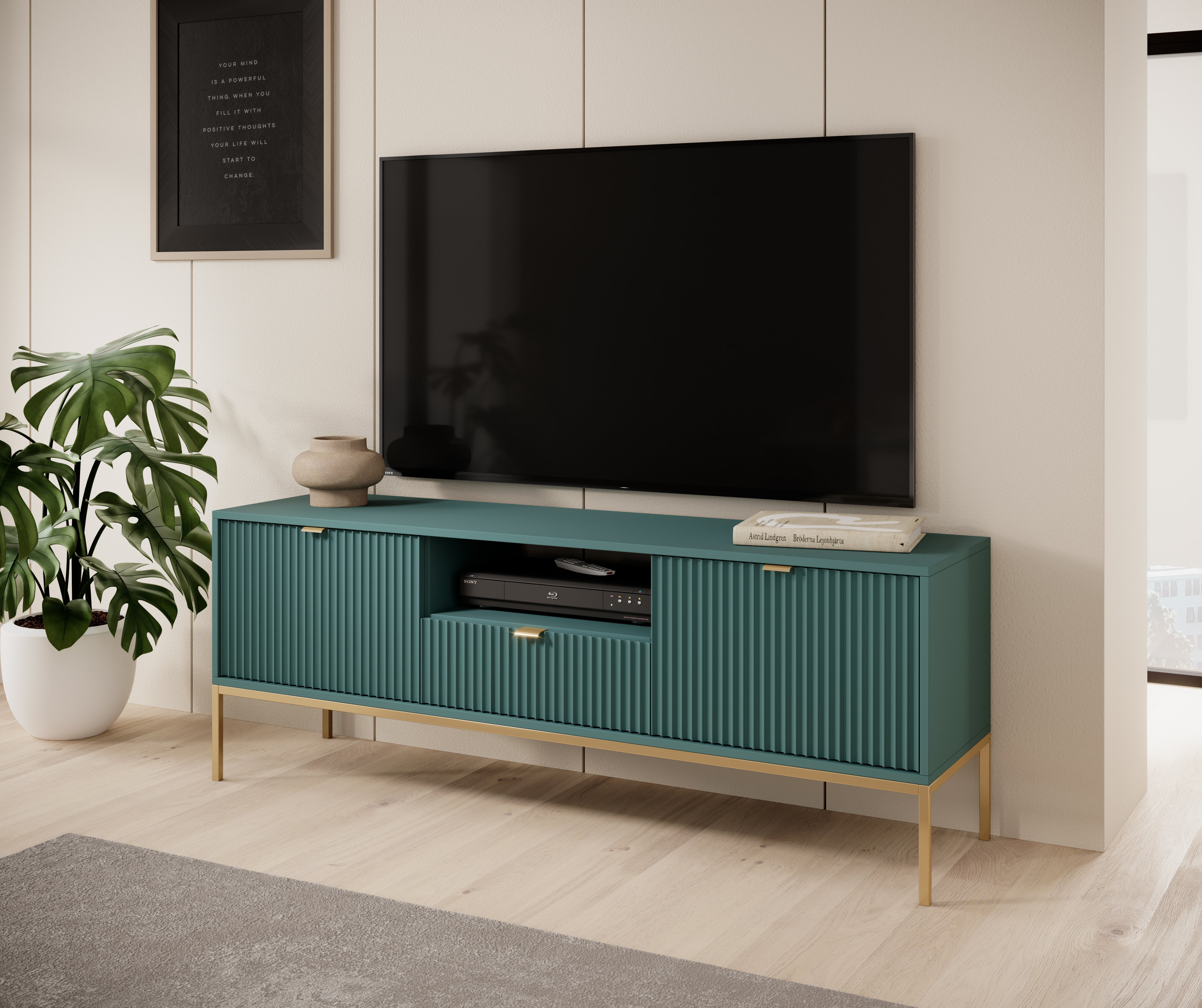 Szafka TV: 1 szuflada, Labrador, stelaż złoty, 154 x 56 x 39 cm, uchwyty złote - 4