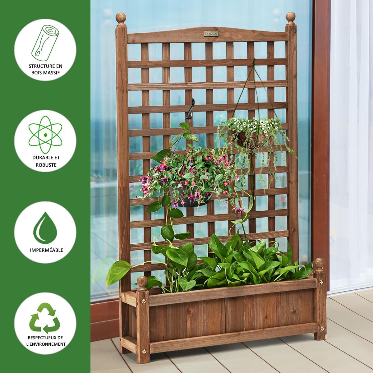 Jardinière avec Treillis en Bois de Sapin, Bac à Fleurs Résistant aux Intempéries pour Plante Grimpante Vigne Fleurs, 63,5 x 28 x 122 cm - 9