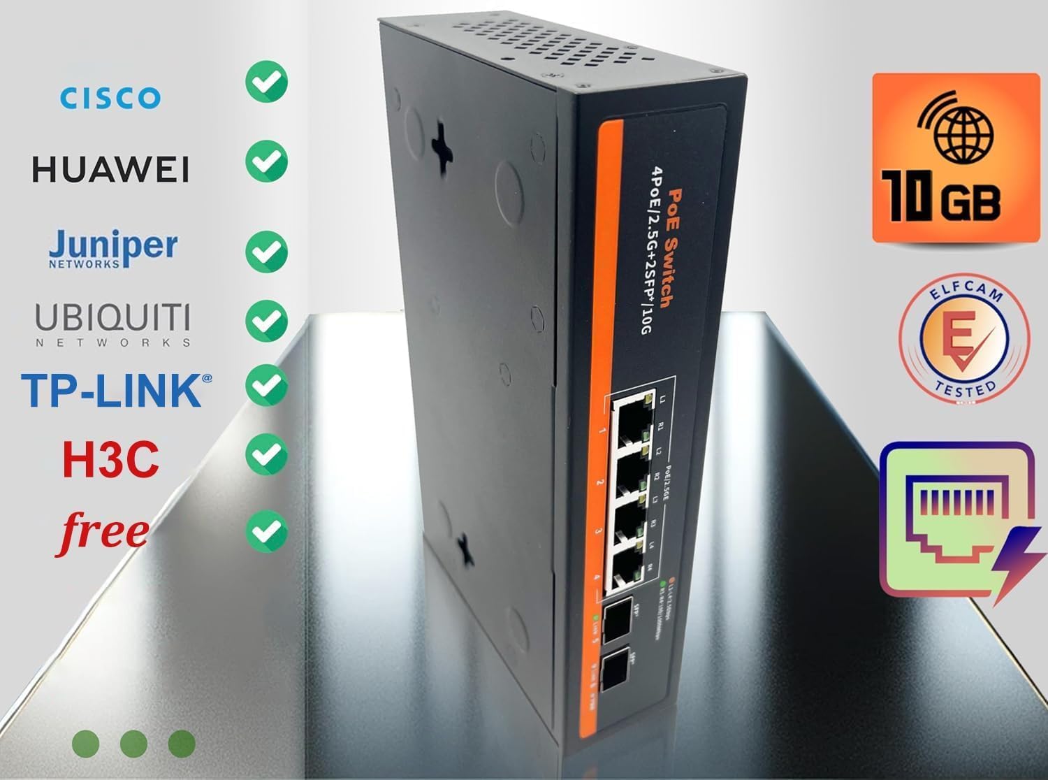 Elfcam – Switch PoE 10Gb/s Compatible Cisco, 2 Ports SFP+ 10G et 4 Ports RJ45 PoE 2,5G, Non Administrable Plug & Play - 4
