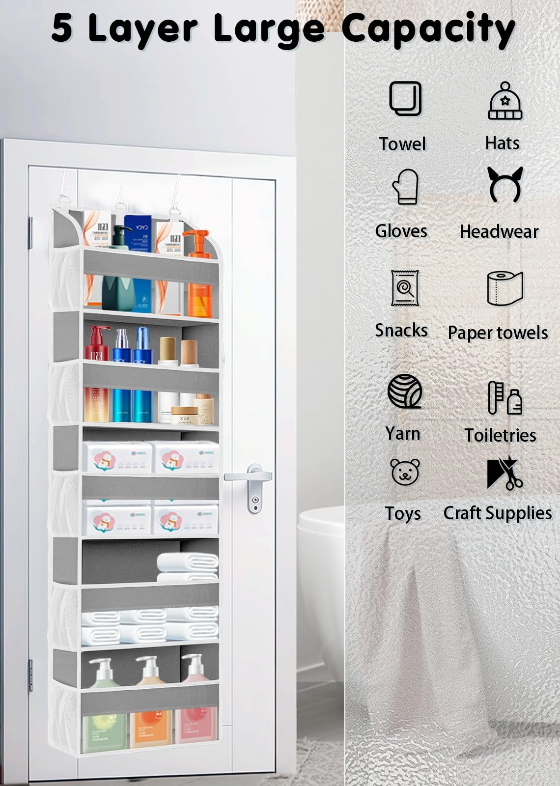 Étagère de rangement suspendue derrière la porte avec 5 poches, organiseur de porte épais en non-tissé,étagère suspendue pour salle de bain,gris clair - 6