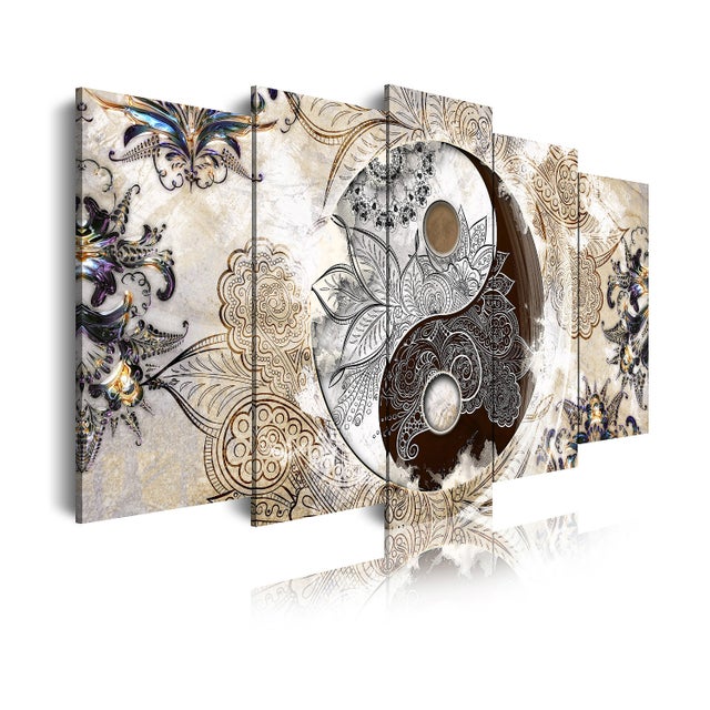 DekoArte - Cuadros Modernos Impresión de Imagen Artística | Lienzo Decorativo | Ying Yang Abstractos Zen Beige Marrón | 5 Piezas 150x80cm