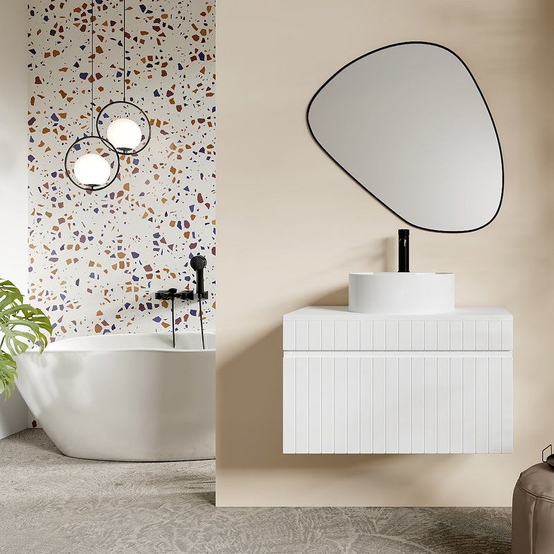 Szafka pod umywalkę wisząca ryflowana biała z blatem - 80 cm - SATARA