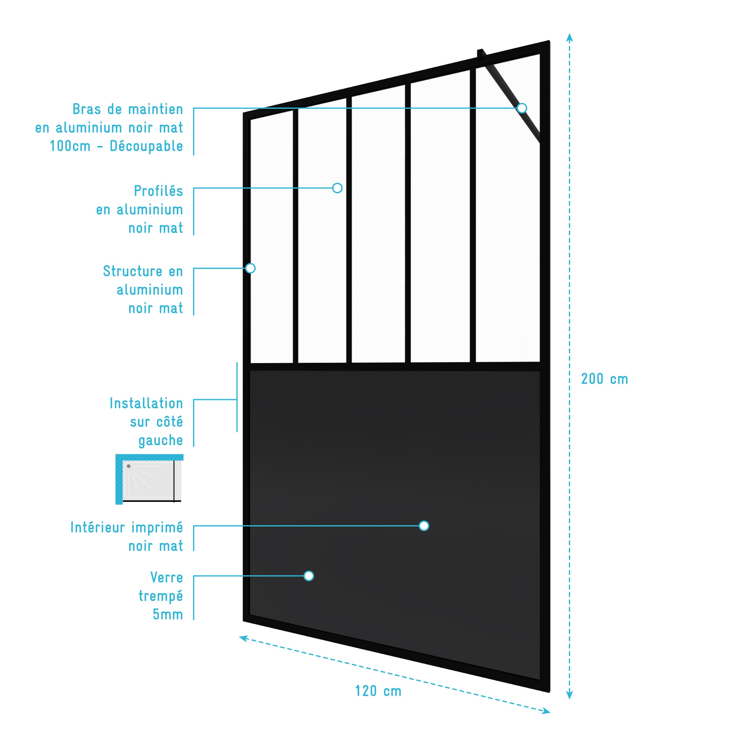 Paroi de douche 120x200 cm type Verriere - Verre trempe et Structure aluminium noir mat - 4