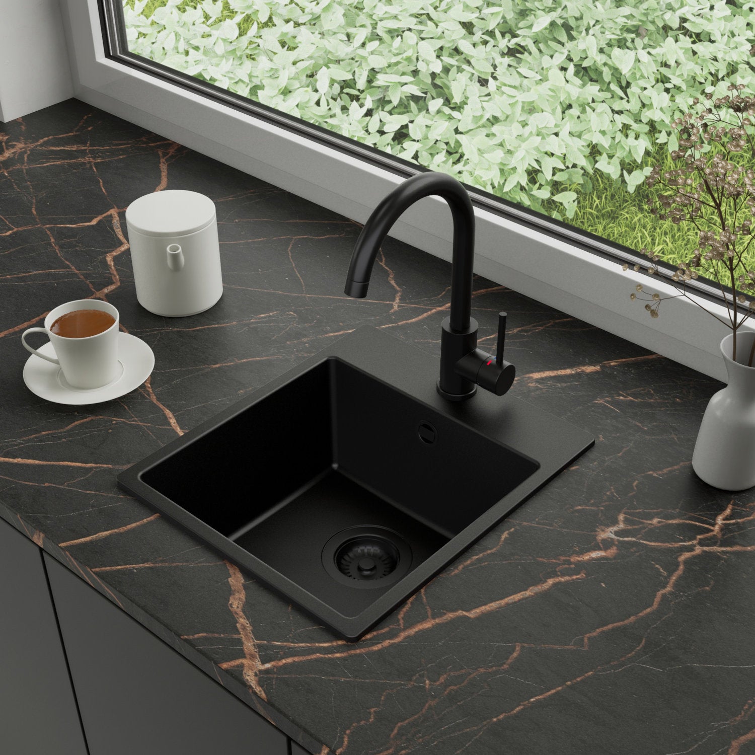 Zlewozmywak Granitowy 38x44cm, do szafki od 40cm + Bateria + Syfon - Amber Cały Czarny STONESTYLE