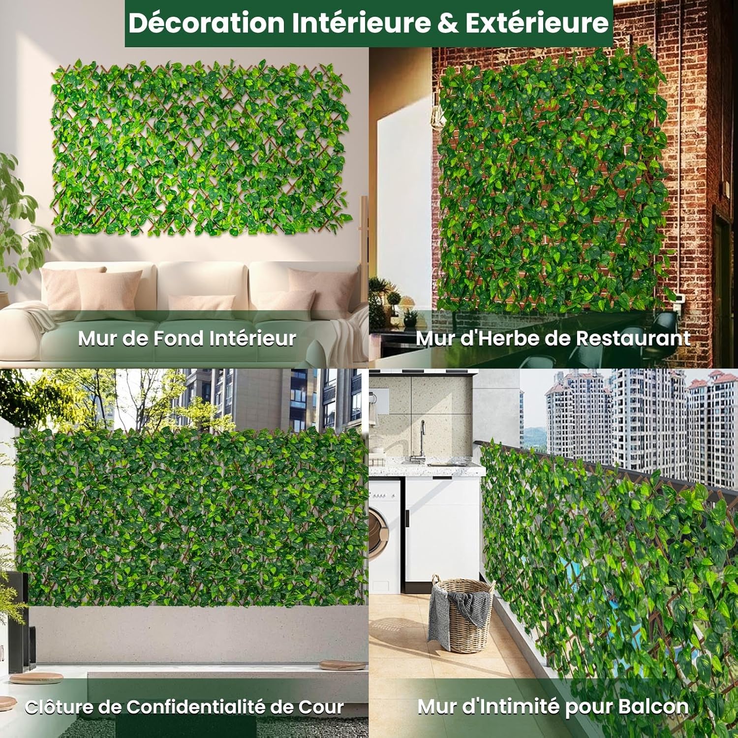 Haie Artificielle Brise-Vue Décoration Extensible, Panneau pour Clôture Décoratif Artificiel Protection Solaire Cadre (Lierre Vert) - 8