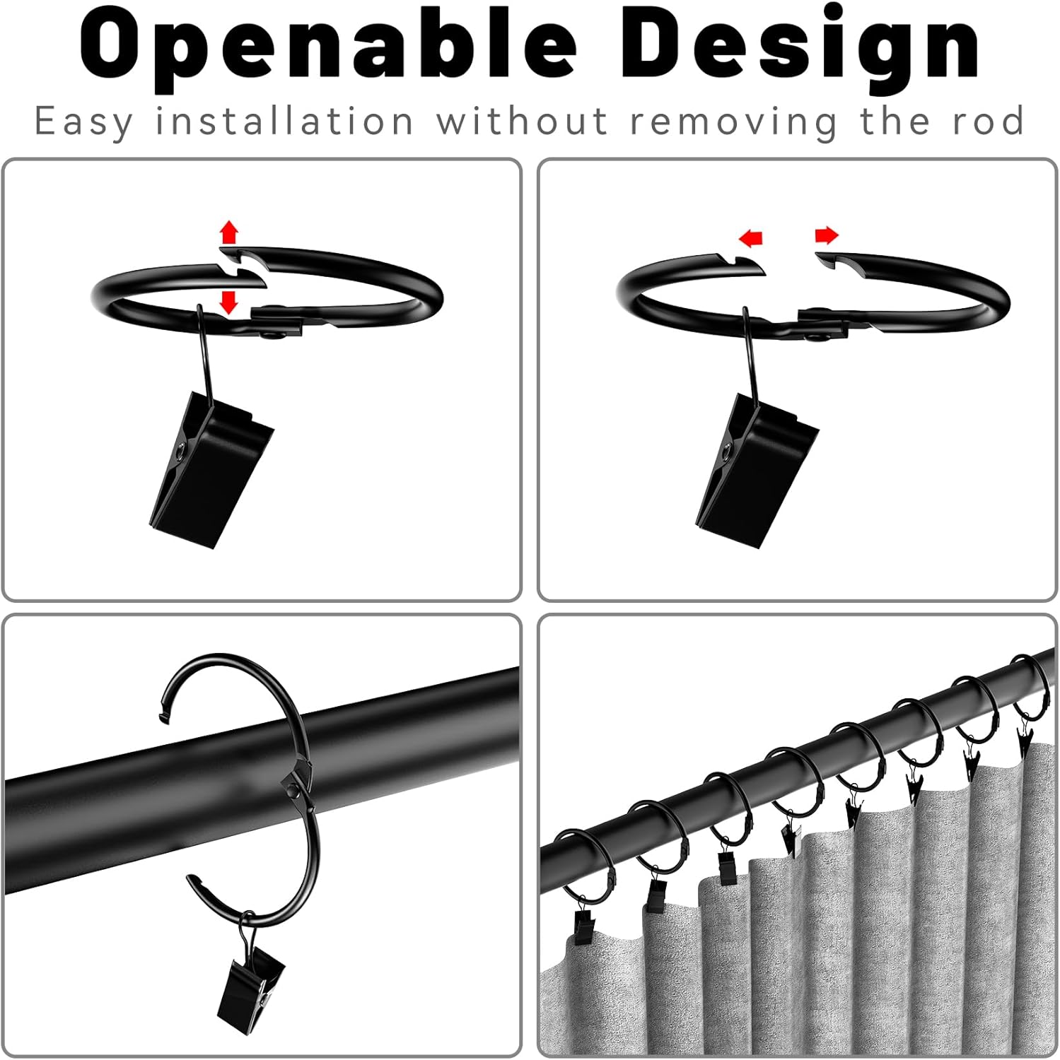 Lot De 40 Anneaux De Rideaux à Ouvrir, Anneau Rideau Douche Anneaux De Reliure Clips Metalliques Pour Anneaux Pour Tringles A Rideaux Et Rideau Rail Noir 91519718