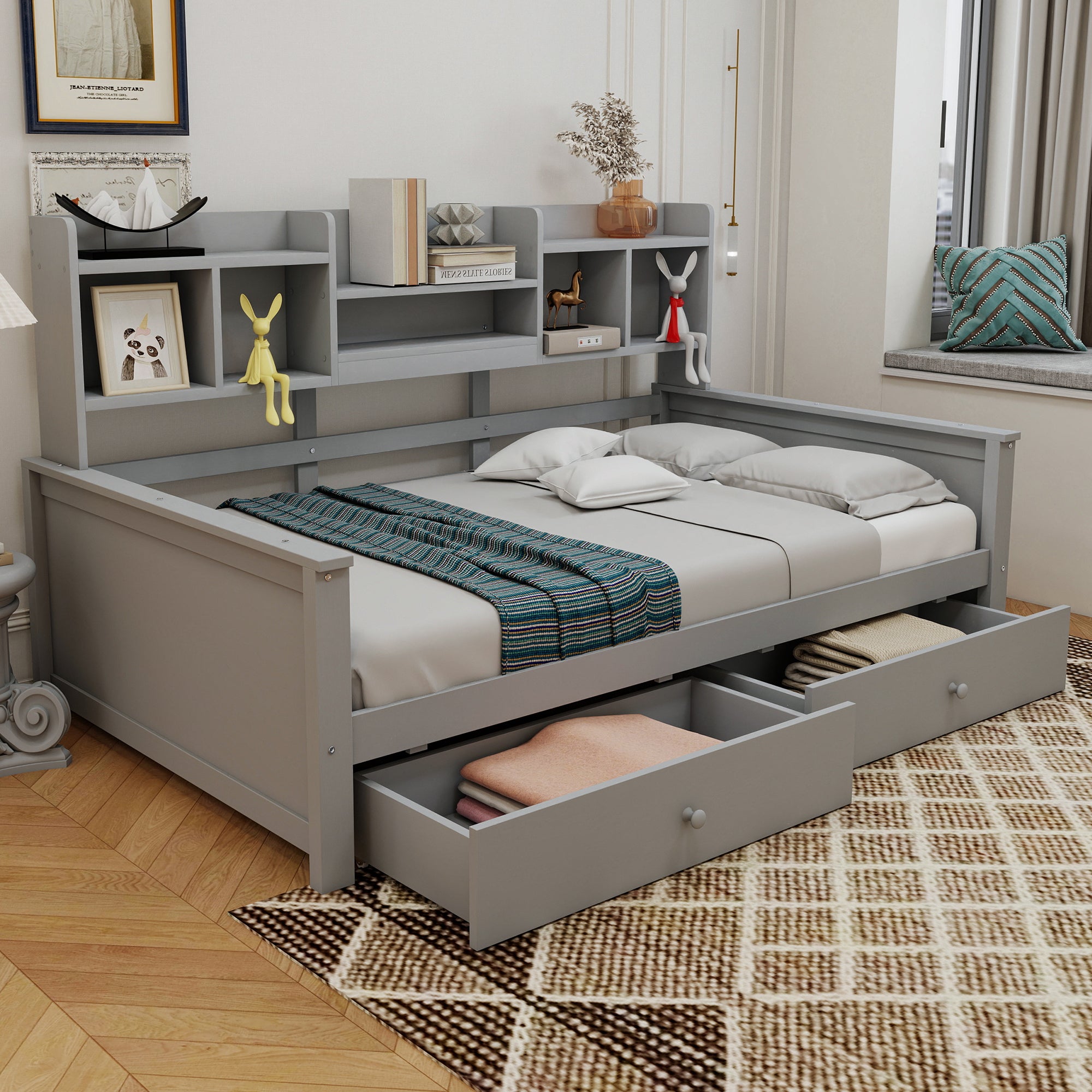 Łóżko dziecięce 90 x 200 cm z 2 szufladami i półkami - Drewno lite + sklejka + MDF - Szare (Materac nie jest wliczony w cenę)