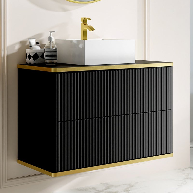 Szafka łazienkowa wisząca ryflowana ze złotą listwą z umywalką nablatową - Czarny - 80 cm - KELIZA