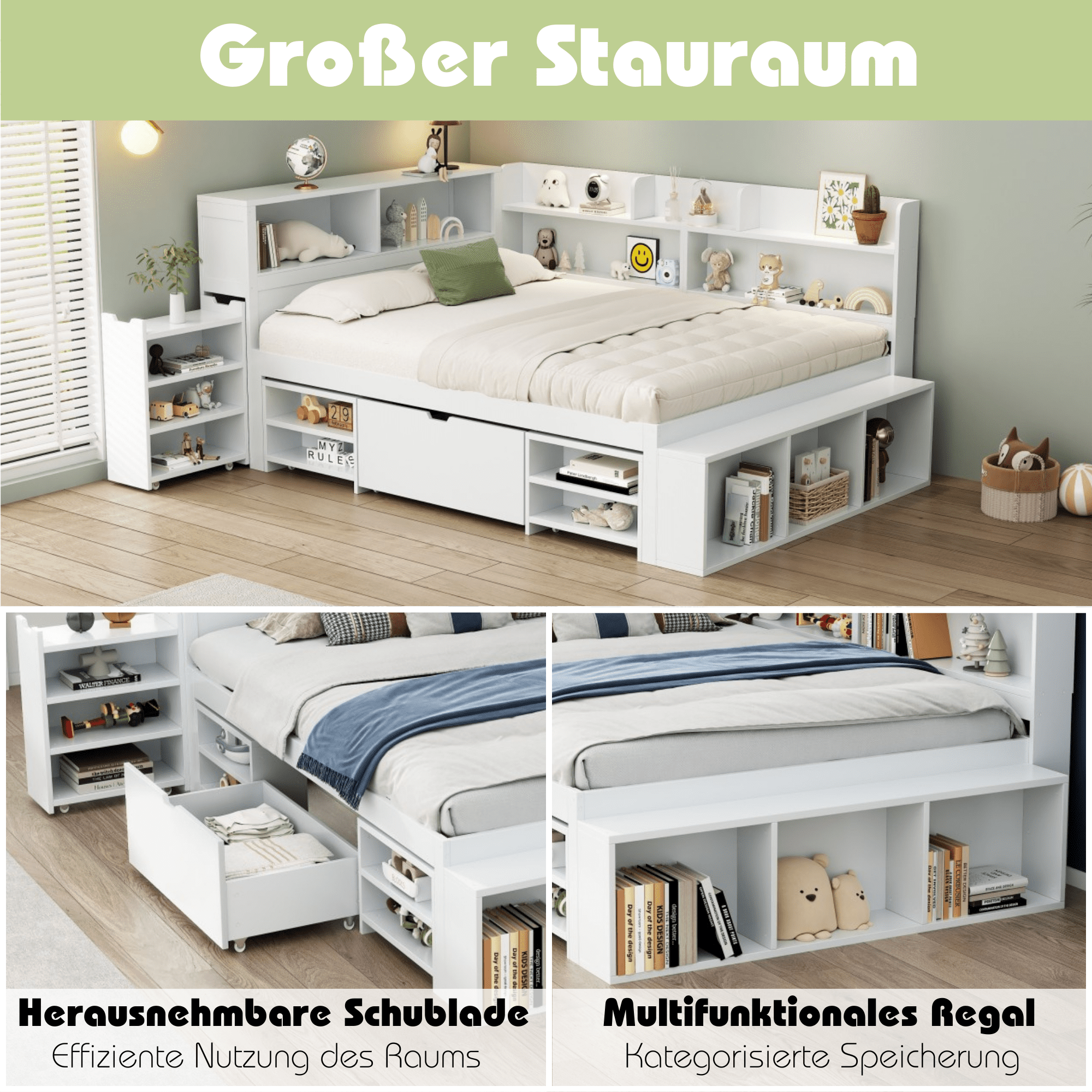 Lit d'enfant 140*200 cm, avec tiroirs, étagères et rangements, sommier à lattes, blanc - 6