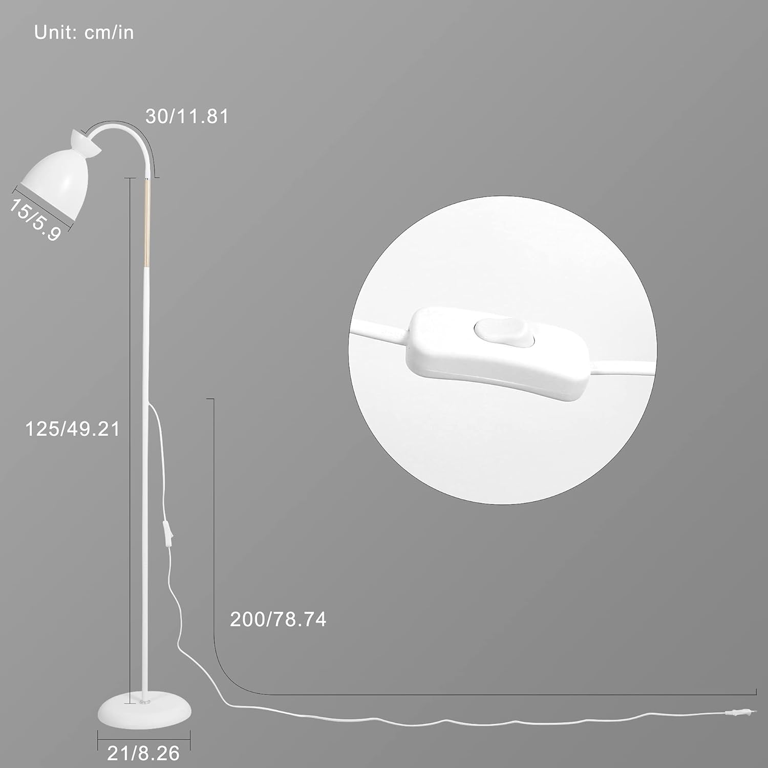 Lampe sur pied blanche, luminaire LED sur pied pivotant à 360° en métal, lampe de lecture avec douille E27, hauteur 159cm, pour salon et chambre - 6