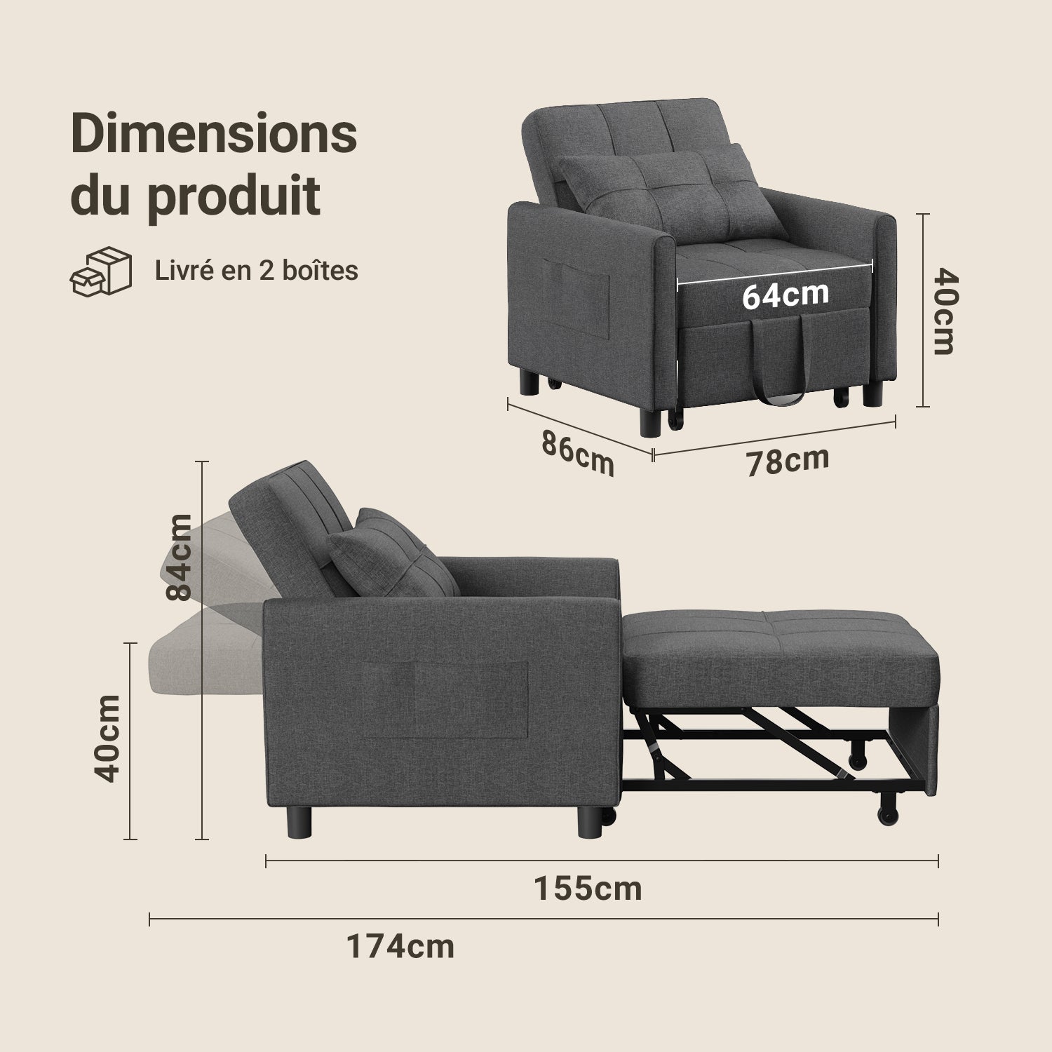 Canape Convertible Canapé Lit 1 Place Fauteuil Chaise Longue Coussin Réglable Rangement Roues Pliante Bealife - 3