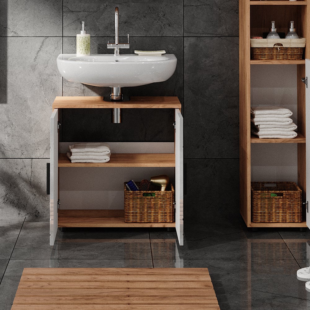 Vicco Meuble sous vasque simple Irma, Blanc brillant/Chêne doré, 60x59cm - 5