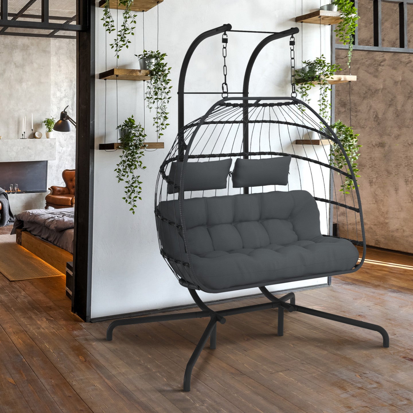 Fauteuil oeuf suspendu ajouré 2 places effet rotin gris avec coussin gris - 3