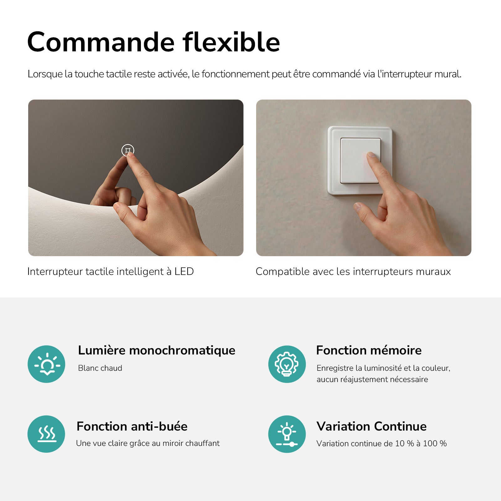 EMKE Miroir lumineux salle de bain rond diamètre 60cm, rétro-éclairage sans cadre, Miroir LED avec Interrupteur Tactile, Lumière Blanche Froide - 3