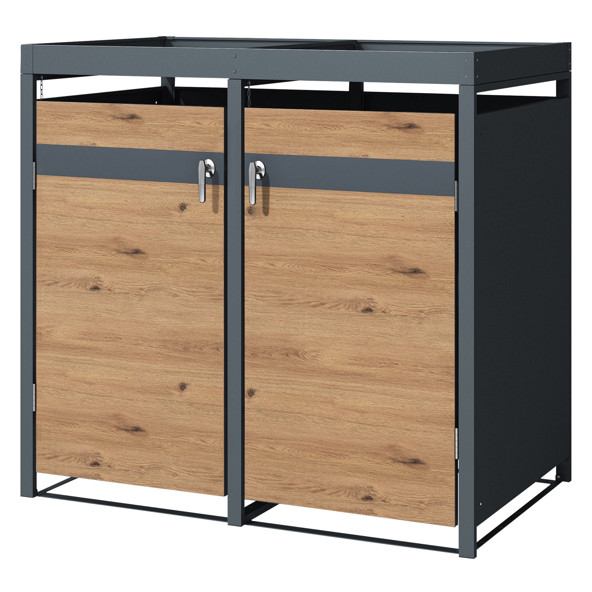 ML-Design pojemnik na odpady z daszkiem na 2 pojemnik 240L 132x80x124 cm dębowy stalowy odporny na warunki atmosferyczne zamykany z drzwiczkami