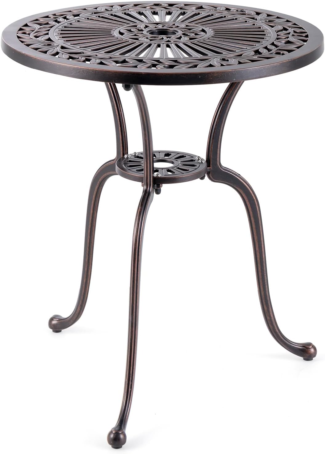 Stół Ogrodowy z Odlewanego Aluminium, Okrągły Stół Bistro o Średnicy 61 cm z Otworem na Parasol, Motywy Retro i Regulowane Nóżki, Stół Ogrodowy