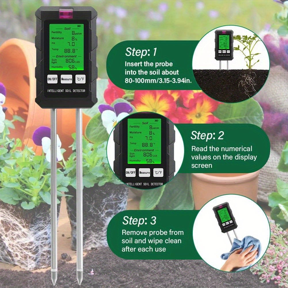 Testeur de sol 6 en 1 avec écran LCD, analyse de la fertilité du sol, humidité des nutriments, pH, humidité et température. - 4