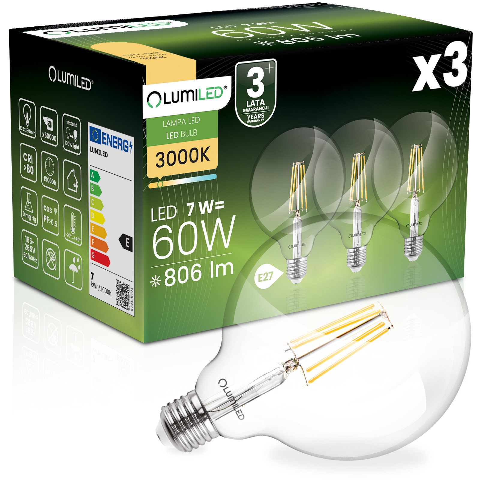 Żarówka LED Lumiled E27 Kula G125 7W 806lm 3000K Ciepła biel 360st Filament 3 szt.