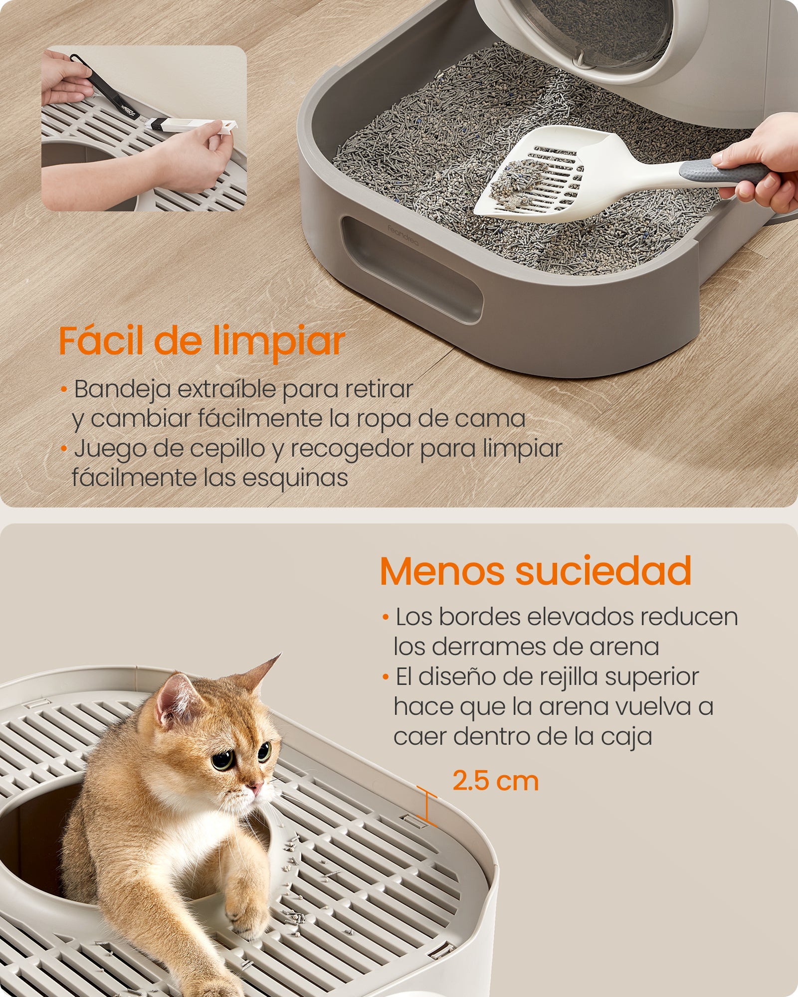 Arenero Cerrado para Gatos XXL, con Tapa, Bandeja Extraíble, Recogedor, Cepillo, Avena y Gris - 4