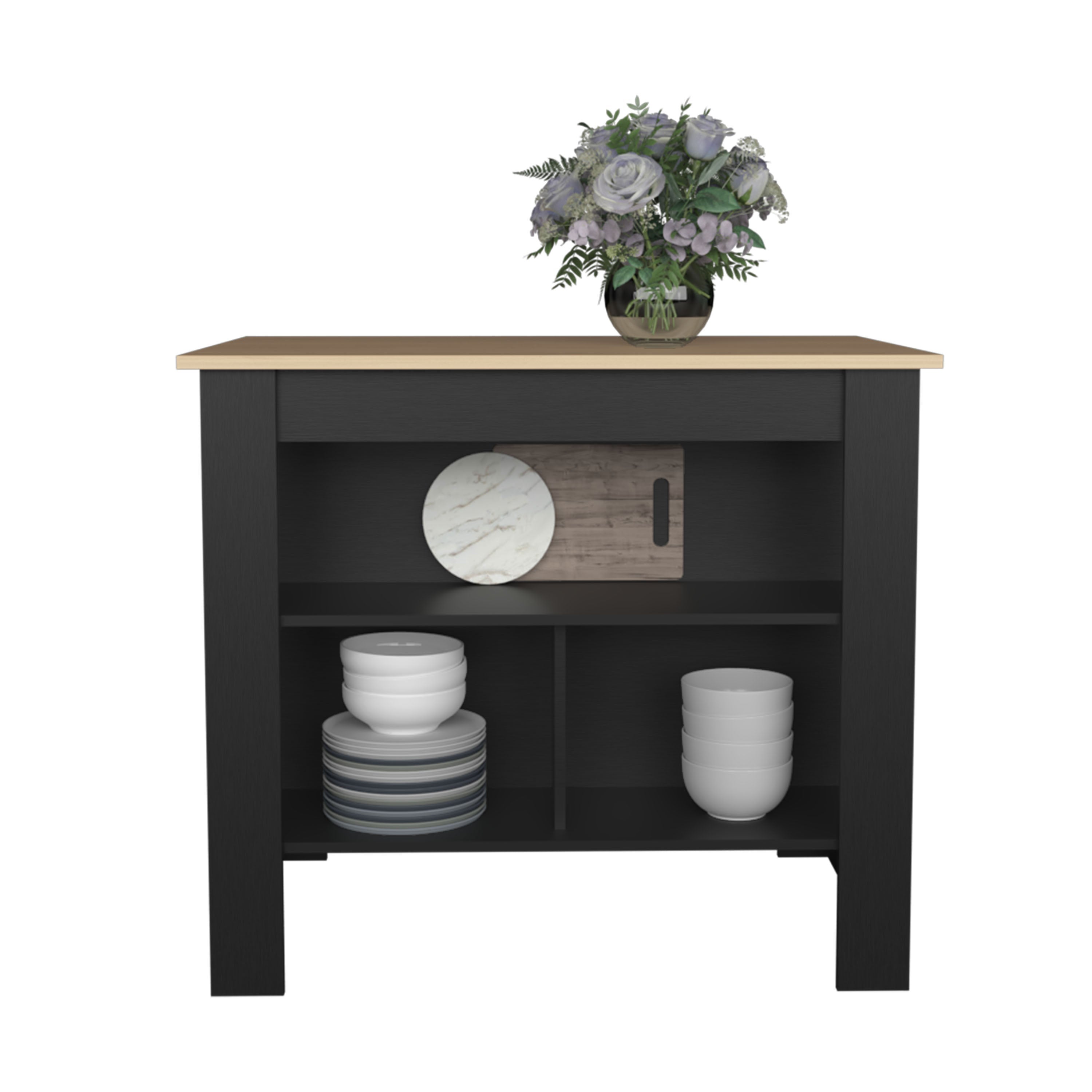 Isla de cocina Cala en melamina con 3 estantes , Rovere / Negro , 90 cm X 103 cm X 70 cm - 6