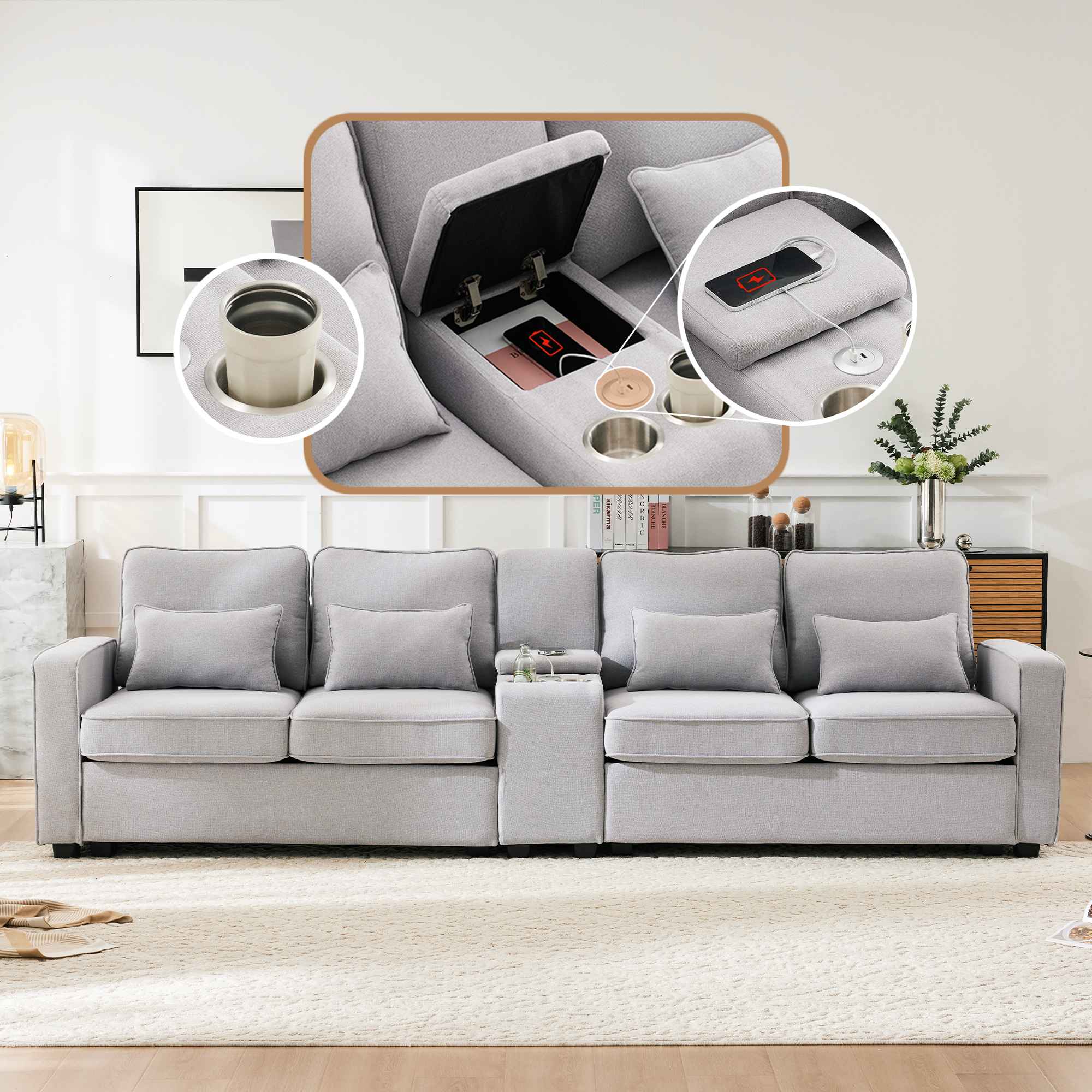 4-osobowa sofa w tkaninie lnianej z konsolą centralną, uchwytami na kubki, portami USB i poduszkami w zestawie