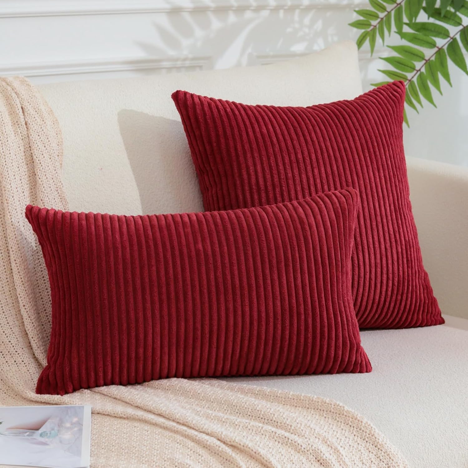 Housses de coussin en velours côtelé (lot de 2) pour coussins de canapé décoratifs, housses de coussin décoratives douces, 30 x 50 cm, bordeaux - 4
