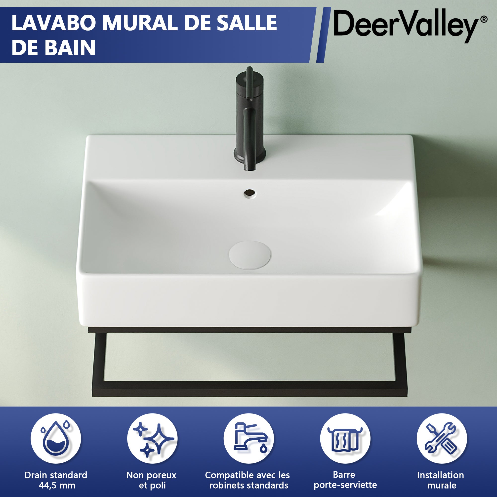 Vasque lave mains Salle de Bain - Vasque lave mains mural rectangulaire blanc mat en céramique avec porte-serviettes - Pour petit espace - DeerValley - 2