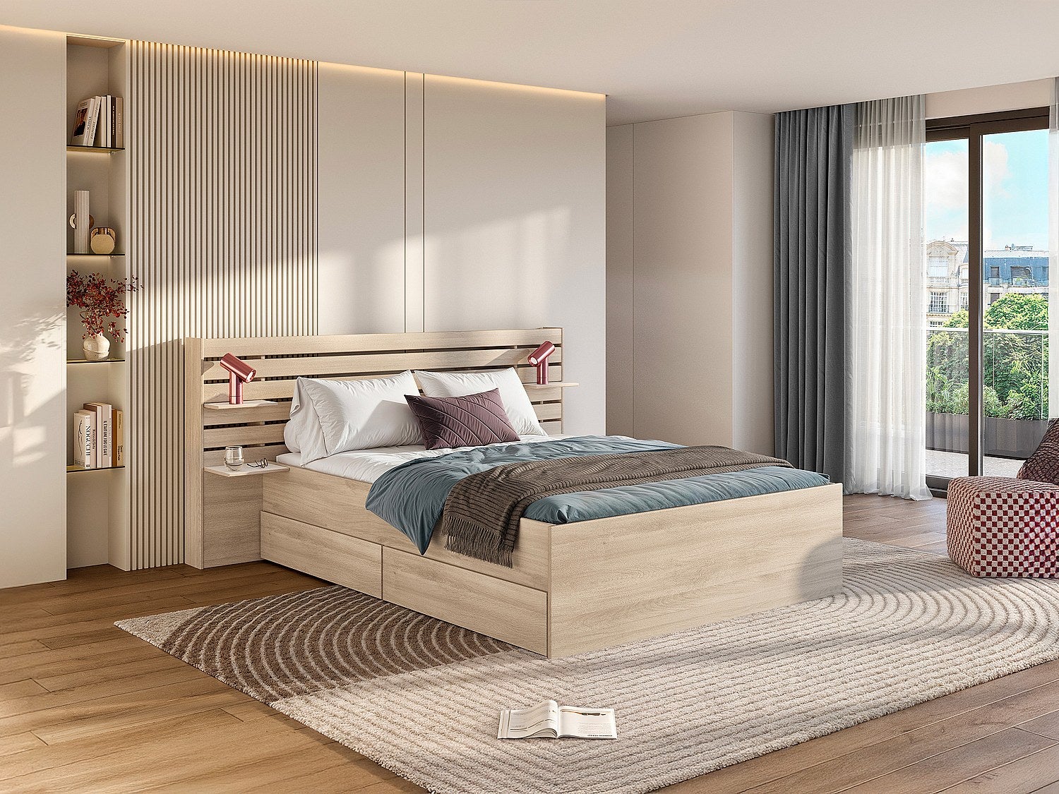 Łóżko140 x 190/200 cm z ze skrzynią – Naturalne + stelaż – TENALIA
