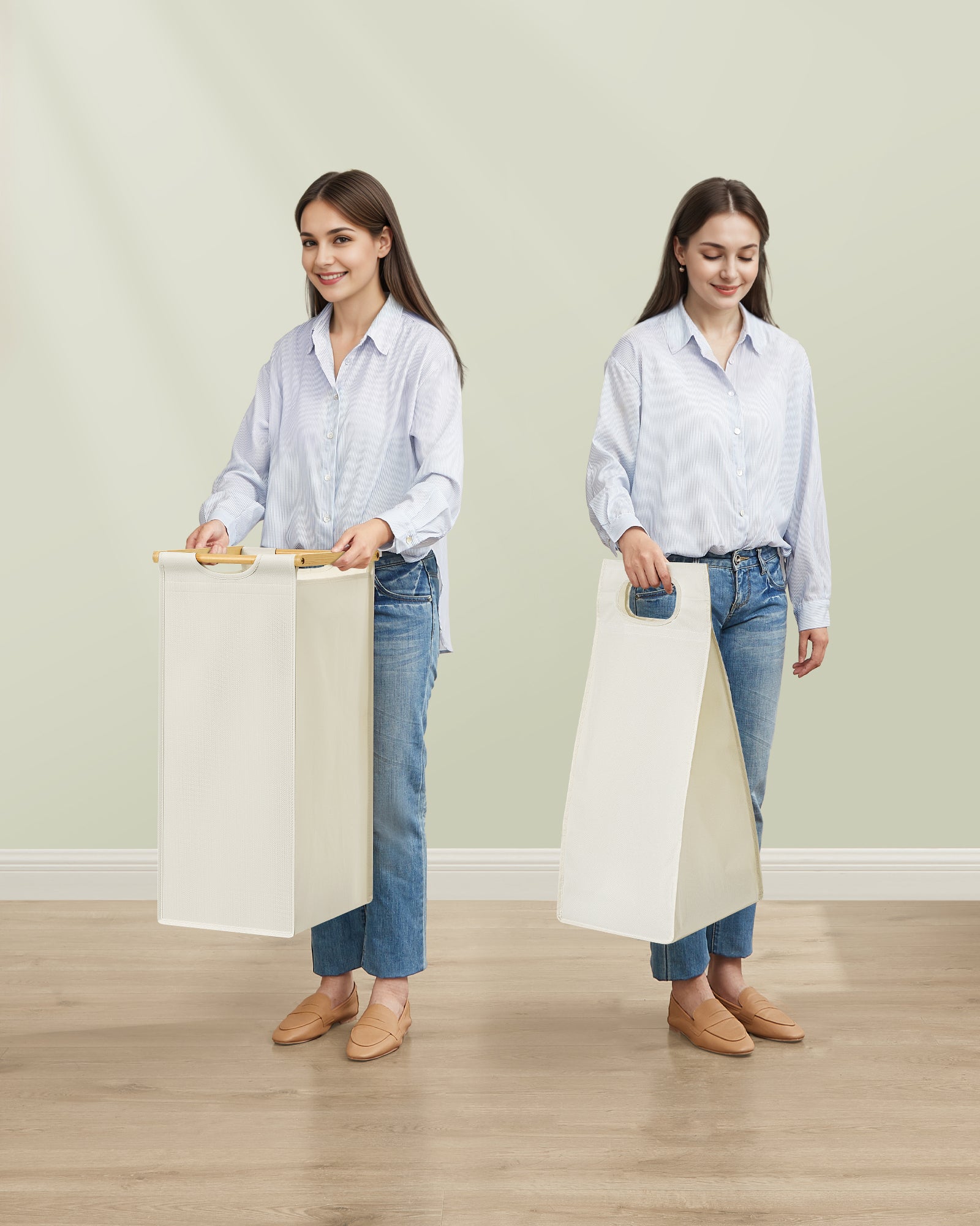 Panier à Linge, avec 2 Compartiments, en Bambou, Capacité de 100 Litres, avec Étagère, Poches Latérales, 2 x 50 L, 63 x 33 x 78 cm, Blanc Crème - 7