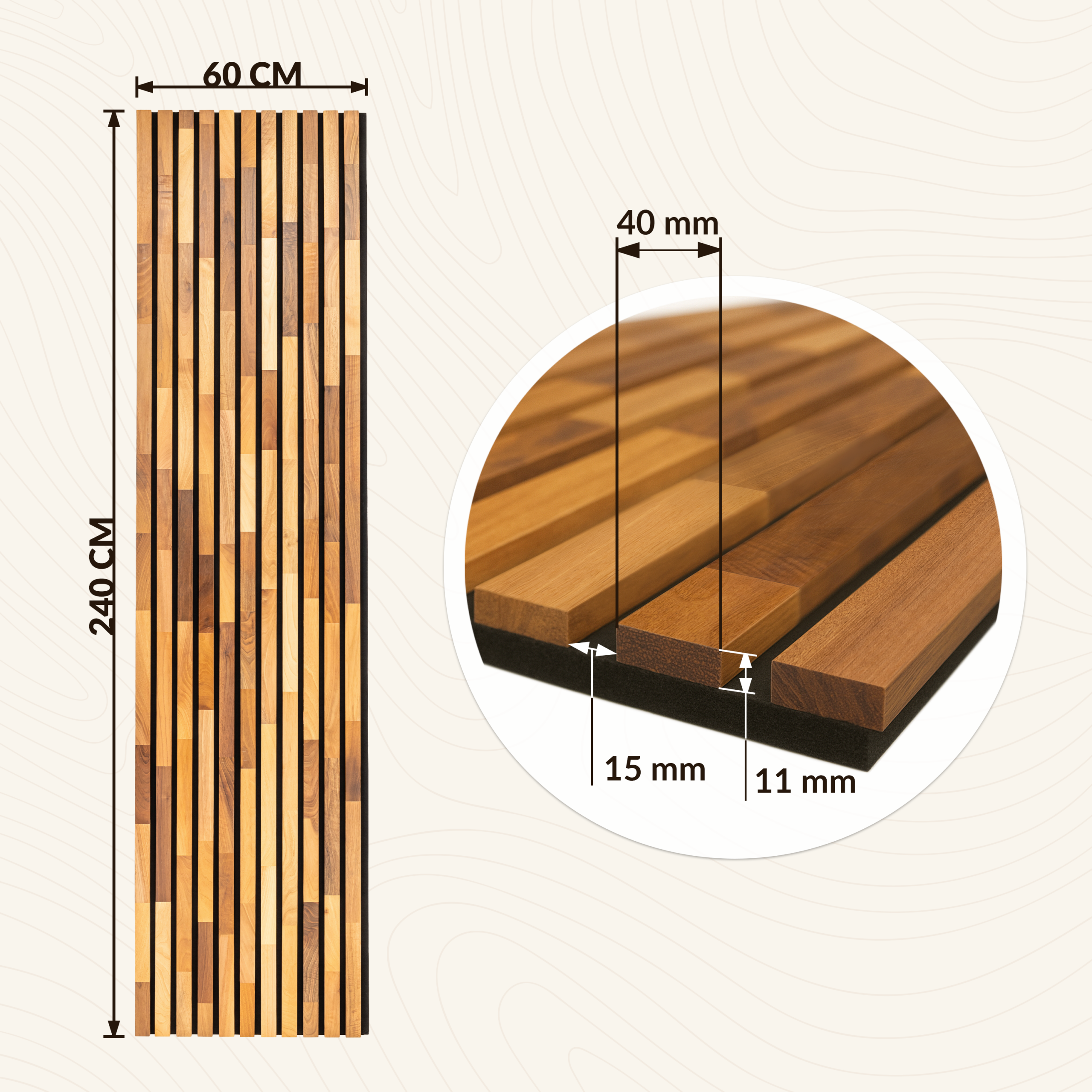 Panneau Tasseau Acoustique en Bois - Noyer Massif - 2400x600mm - Lattes 40mm, Support en Feutre Noir - 3