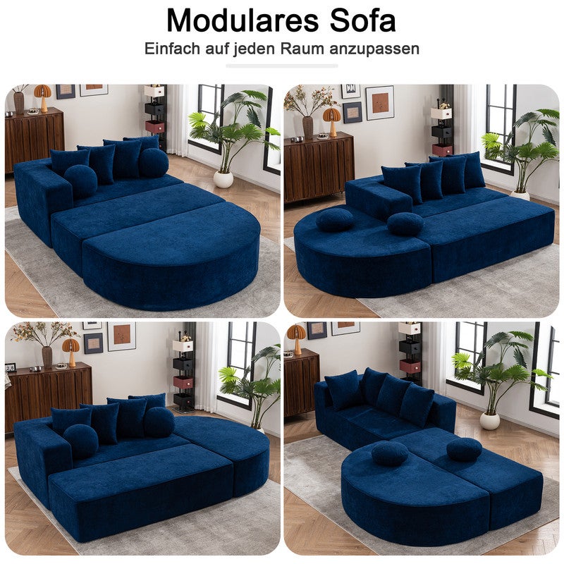 Canapé 5 places panoramique modulable - en tissu Chenille bleu - avec 6 oreillers - 263x171x66cm - 2