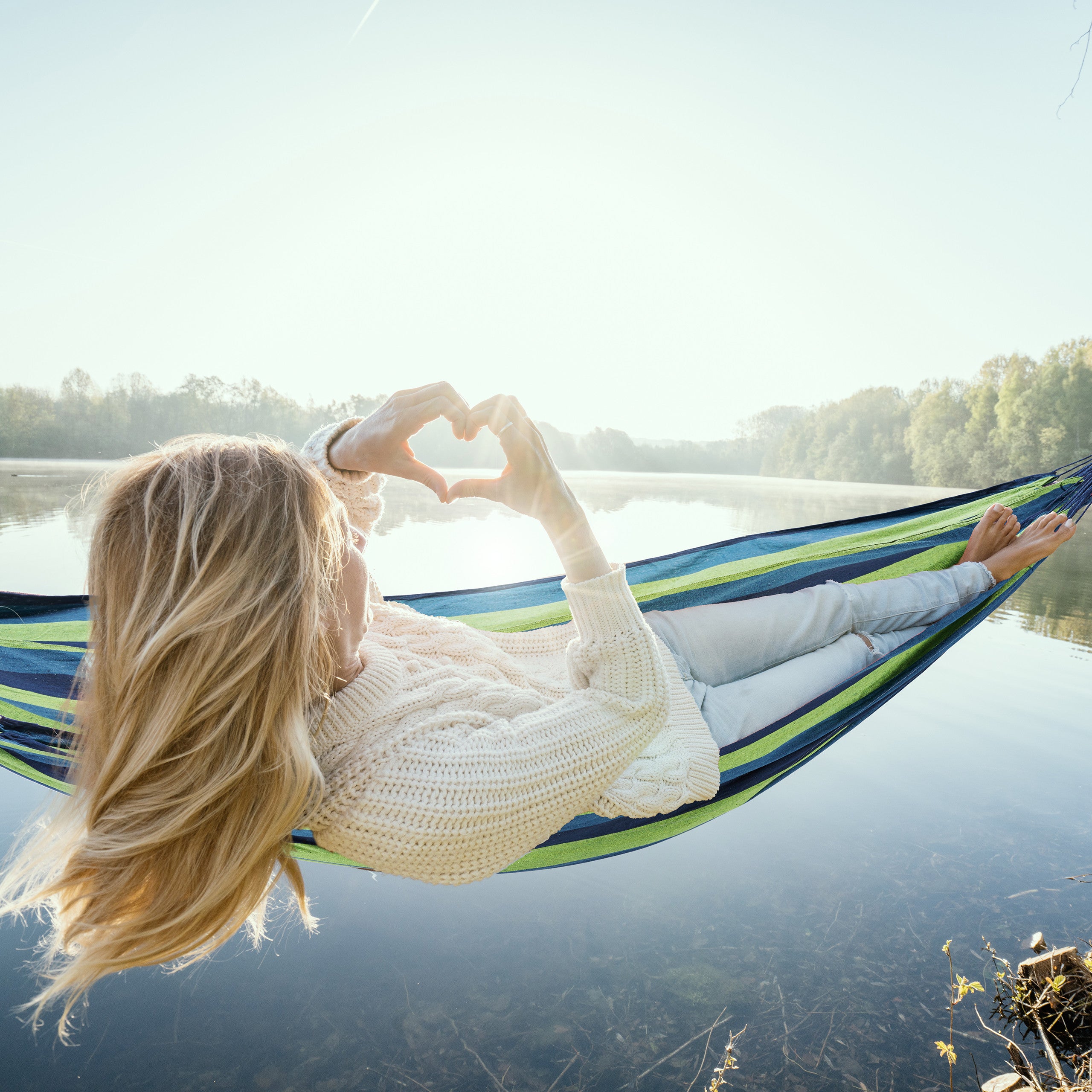 Hamac en coton, LxP&nbsp;: 150x190 cm, avec kit de fixation, jusqu’à 300&nbsp;kg, transportable, XXL, bleu-vert, Relaxdays - 6