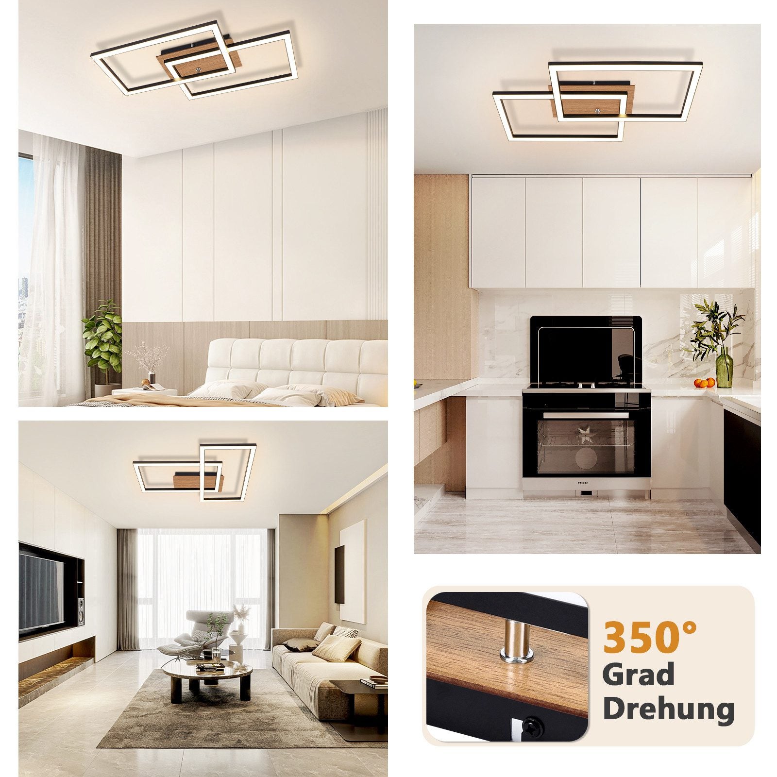 NETTLIFE Plafonnier LED Moderne Plafonnier Bois 3000K Blanc Chaud Noir Rectangle Design 24W - 8