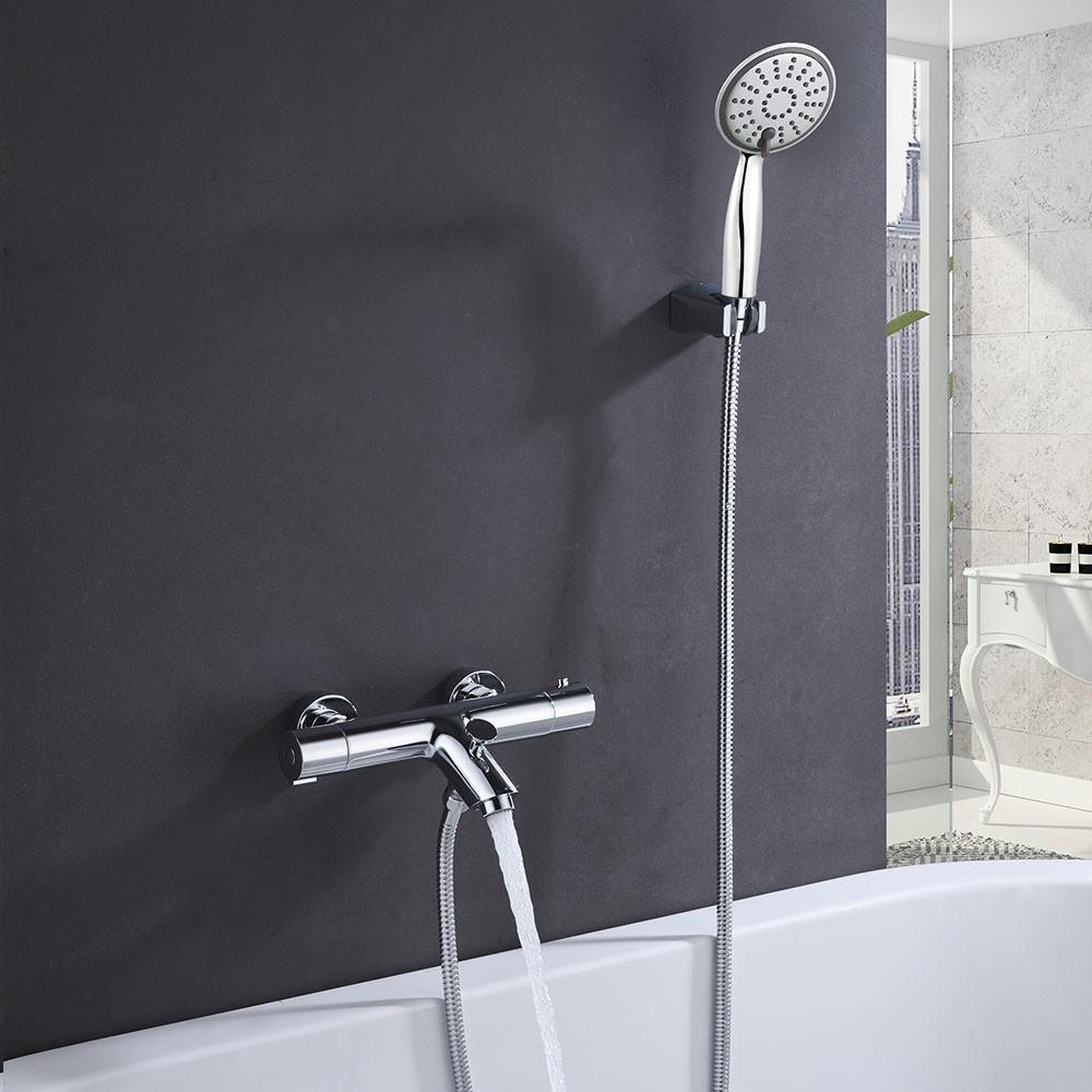 Kibath grifo salida bañera con equipo de ducha termostático bon manetas de latón acabado cromo brillo fabricado en latón