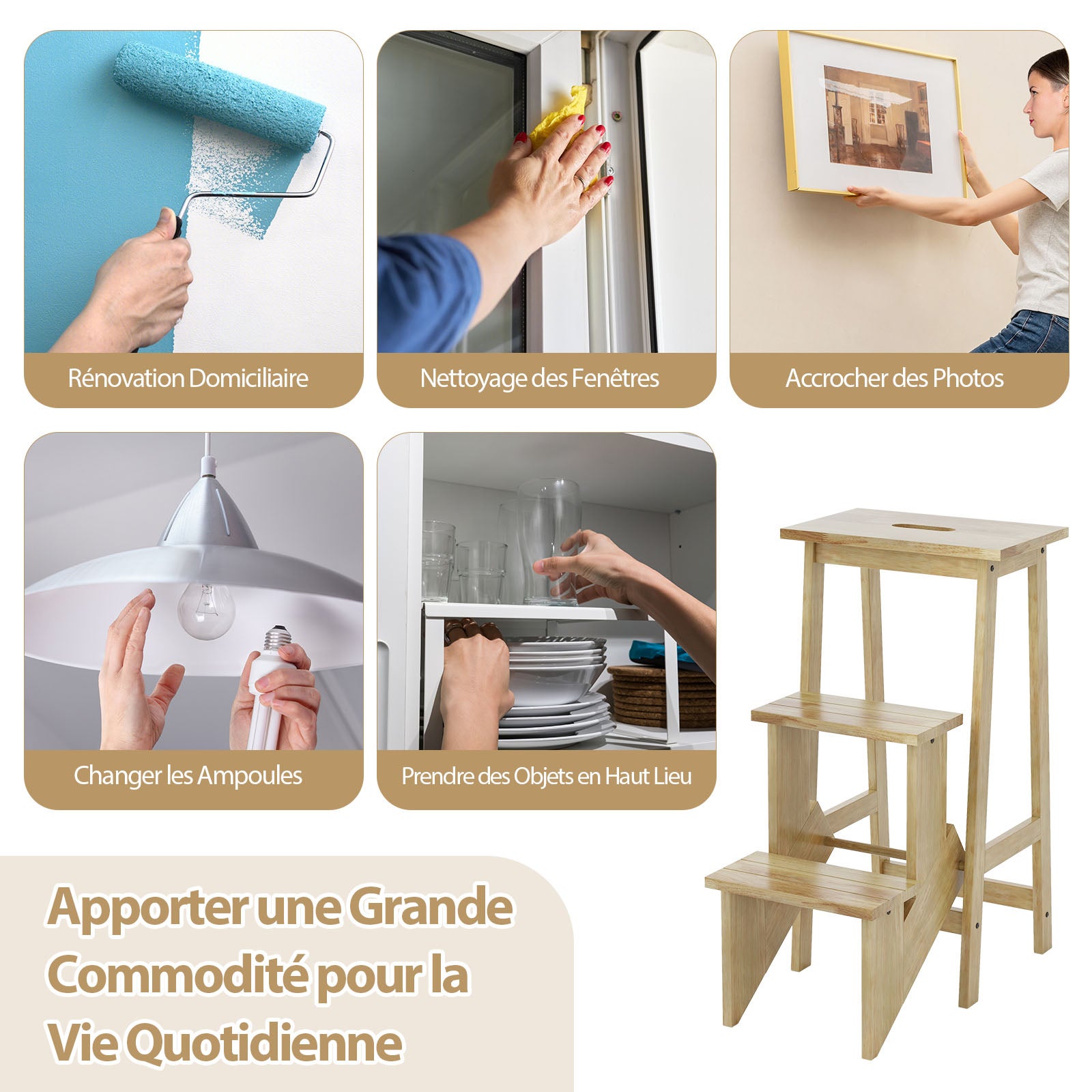 Tabouret Escabeau en Bois Hévéa Pliant, Marchepied 3 Marches, Escabeau Multifonctionnel Réversible, Portable, 57 x 41 x 76 cm, Capacité 310kg, Naturel - 9