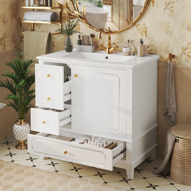 Meuble vasque salle 76.5*47*87.5cm de bain avec vasque en céramique - rangement spacieux - poignées dorées - antibactérien avec trop-plein - blanc